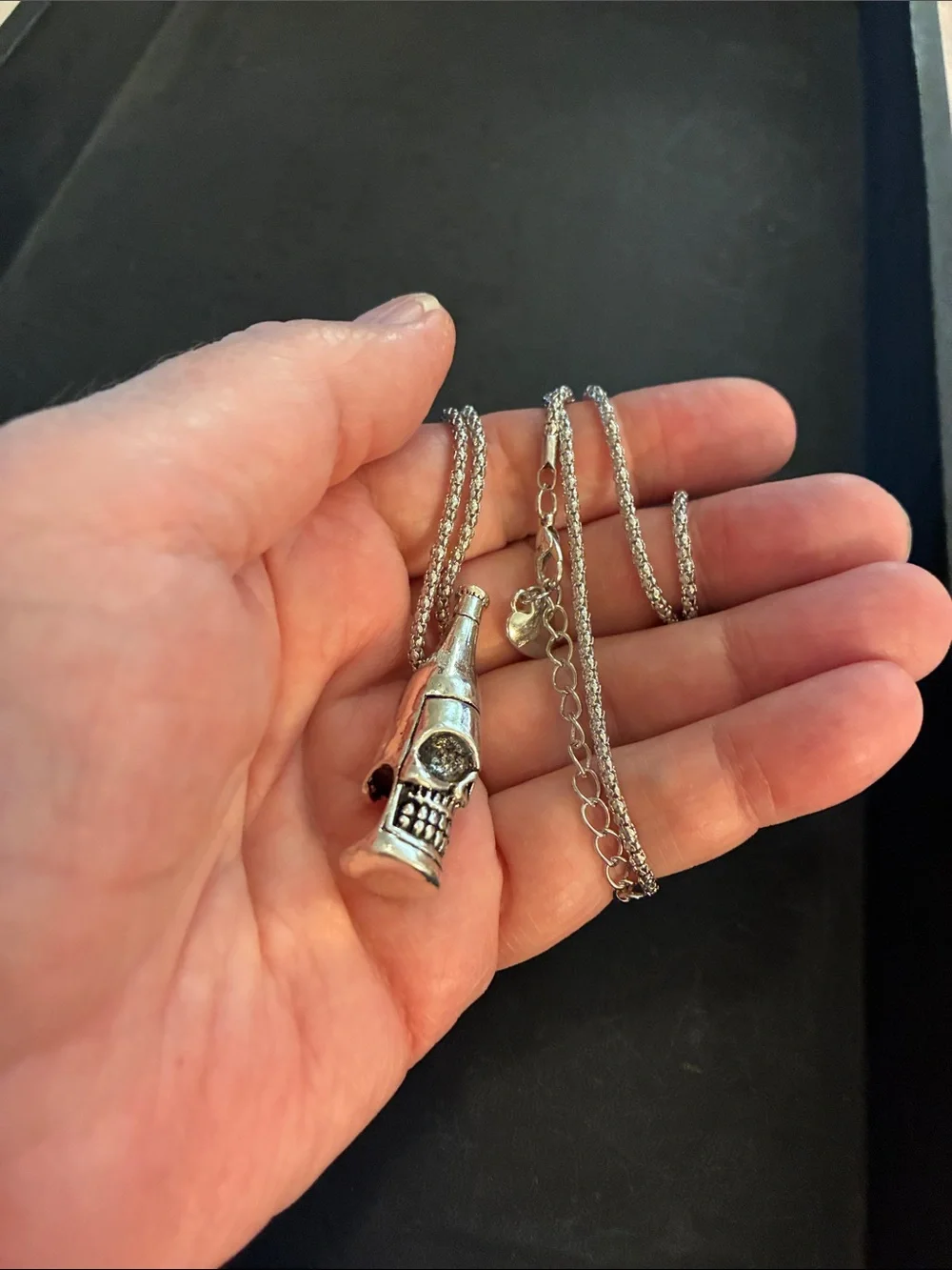Silver Tone Skull Bottle Pendant Necklace - And Bottle Opener